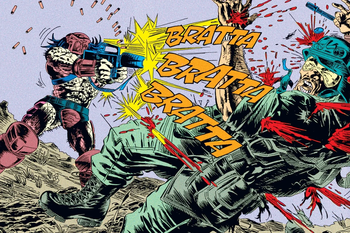 The Predator firing a stolen M16 into a soldier at night near the lava flows in the Predator: Big Game comic