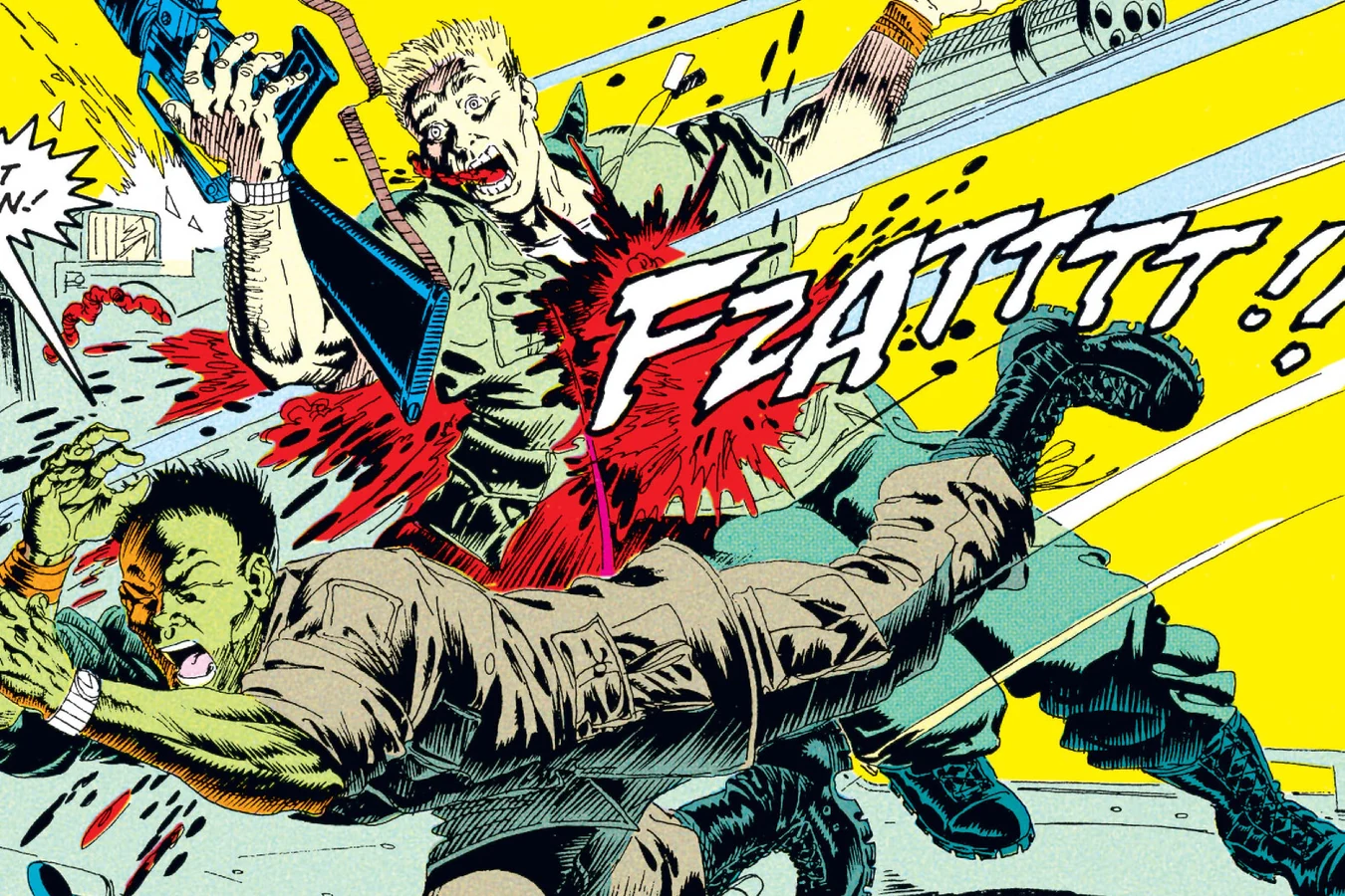 A plasma bolt striking Dietl as Nakai looks on in horror beside the anti-aircraft gun in the Predator: Big Game comic