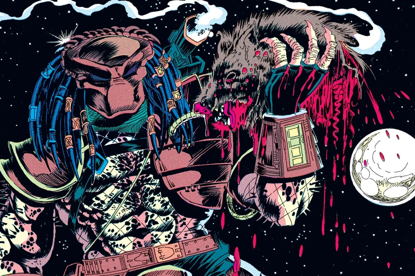 The Predator standing in the moonlit grass of Cibola County with a dead javelina in its hand in the Predator: Big Game comic