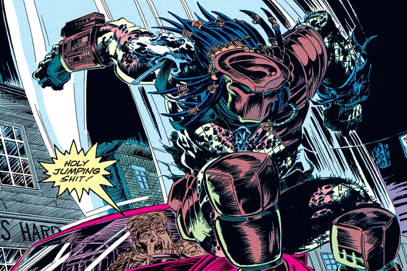 The Predator leaping onto the hood of a speeding car in the empty streets of Agate in the Predator: Big Game comic