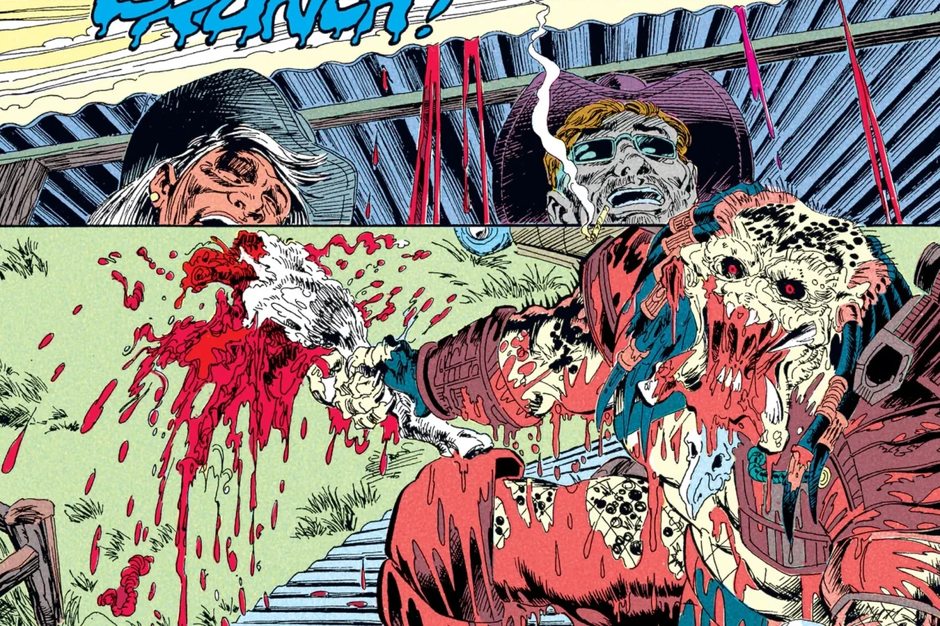 The Predator crouching on the roof of a sheep shed among bloody carcasses as a herder looks up in the Predator: Big Game comic