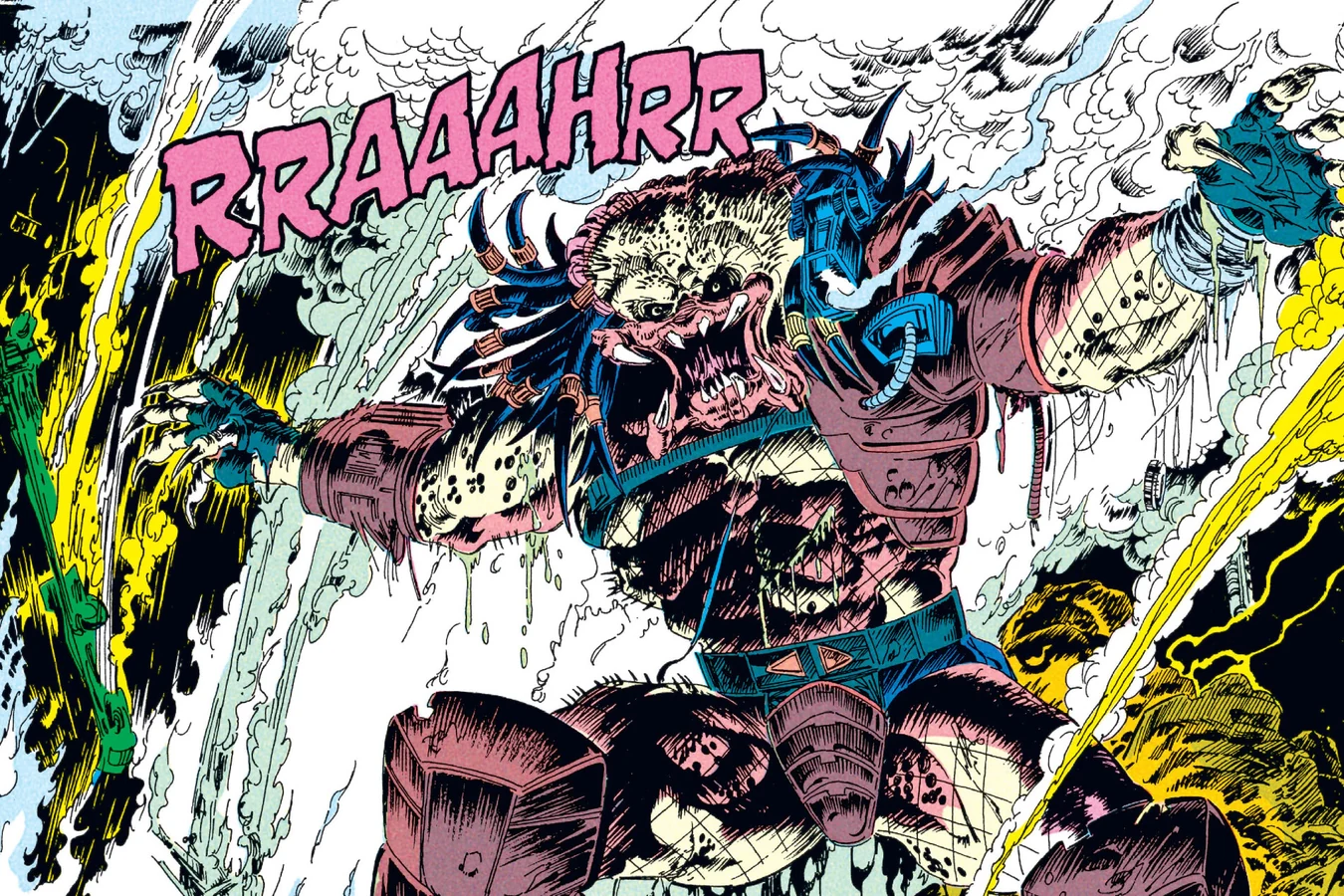 The Predator roaring among the flames after destroying the attack helicopter in the Predator: Big Game comic