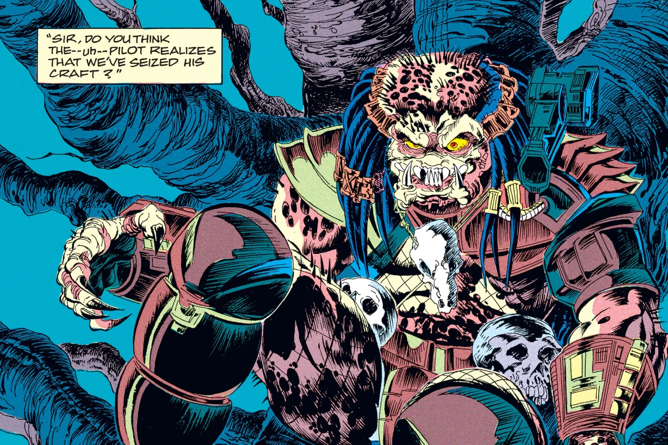 The Predator crouching in a tree hung with skulls as its wrist device beeps in the Predator: Big Game comic