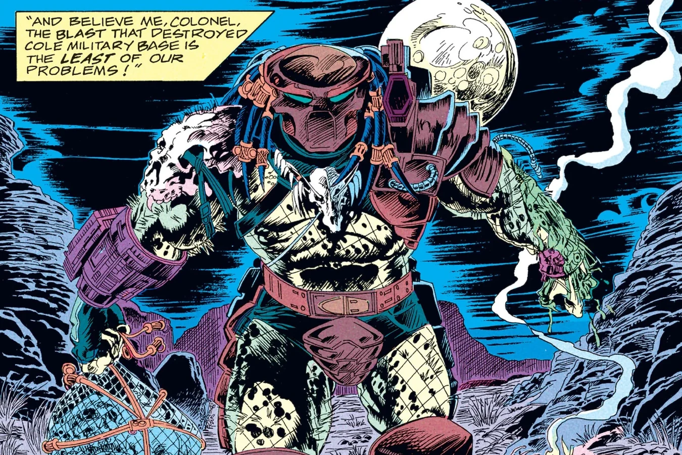 The Predator walking through the night carrying a net bag full of human skulls in the Predator: Big Game comic