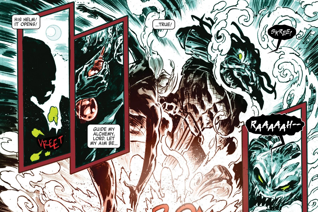 The apprentice's alchemy flaring as the Predator's helm splits open in Predator: Black, White & Blood #1