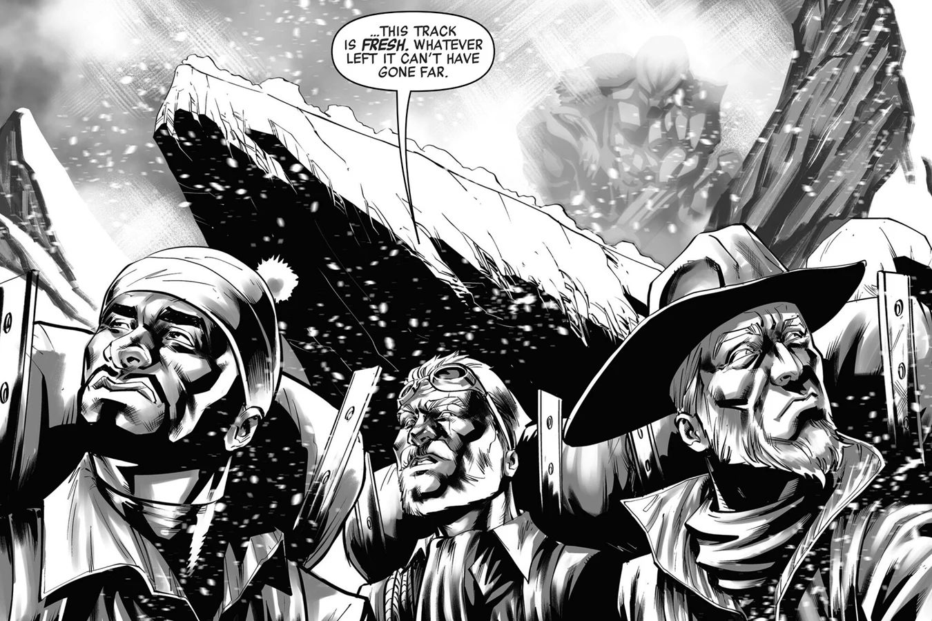 Three members of the expedition following a fresh track in the snow as a faint cloaked Predator watches from the rocks behind them in Predator: Black, White & Blood #2