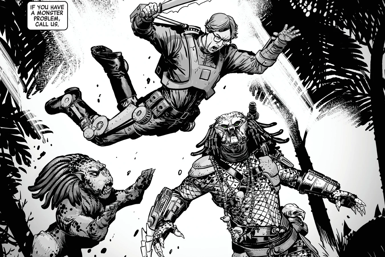 A colonist with a machete and the hound Bucket leaping at a Predator in Predator: Black, White & Blood #4