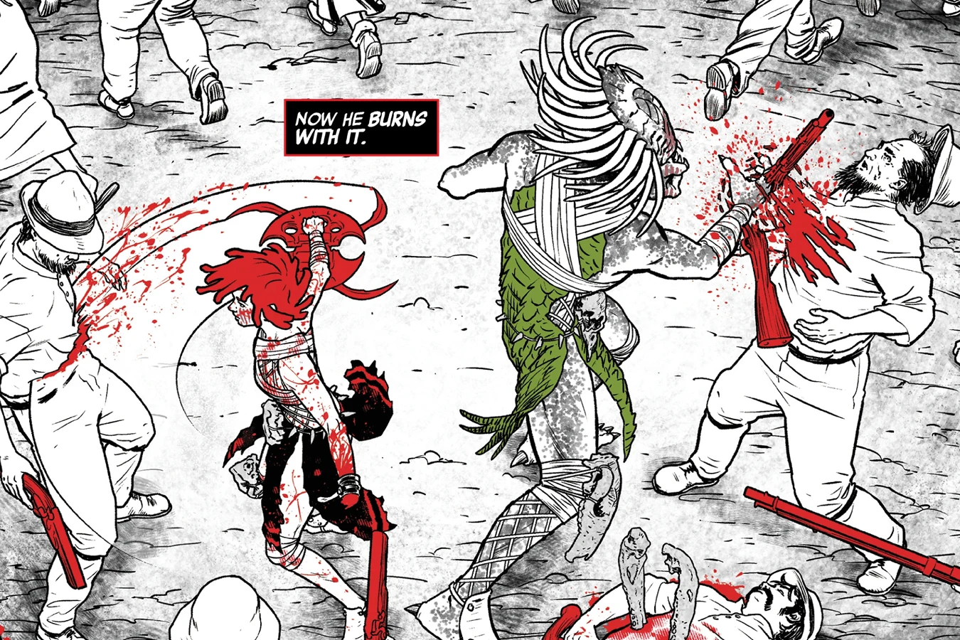 Lucky Boy and Millie, armed with his red disc, cutting through Big Jim's miners in Predator: Black, White & Blood #4