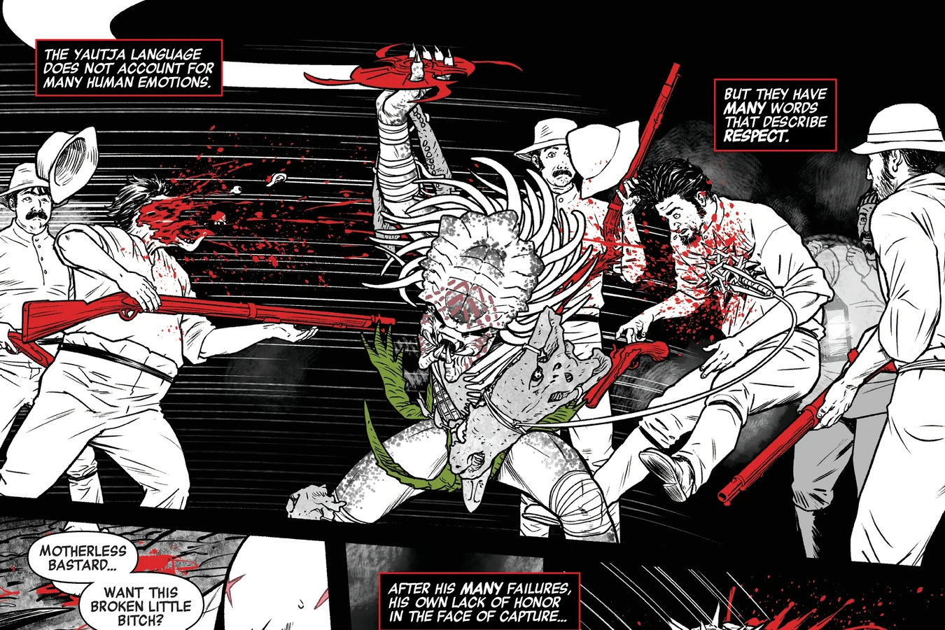 The one-armed Lucky Boy smashing through Big Jim's miners with his mace in Predator: Black, White & Blood #4