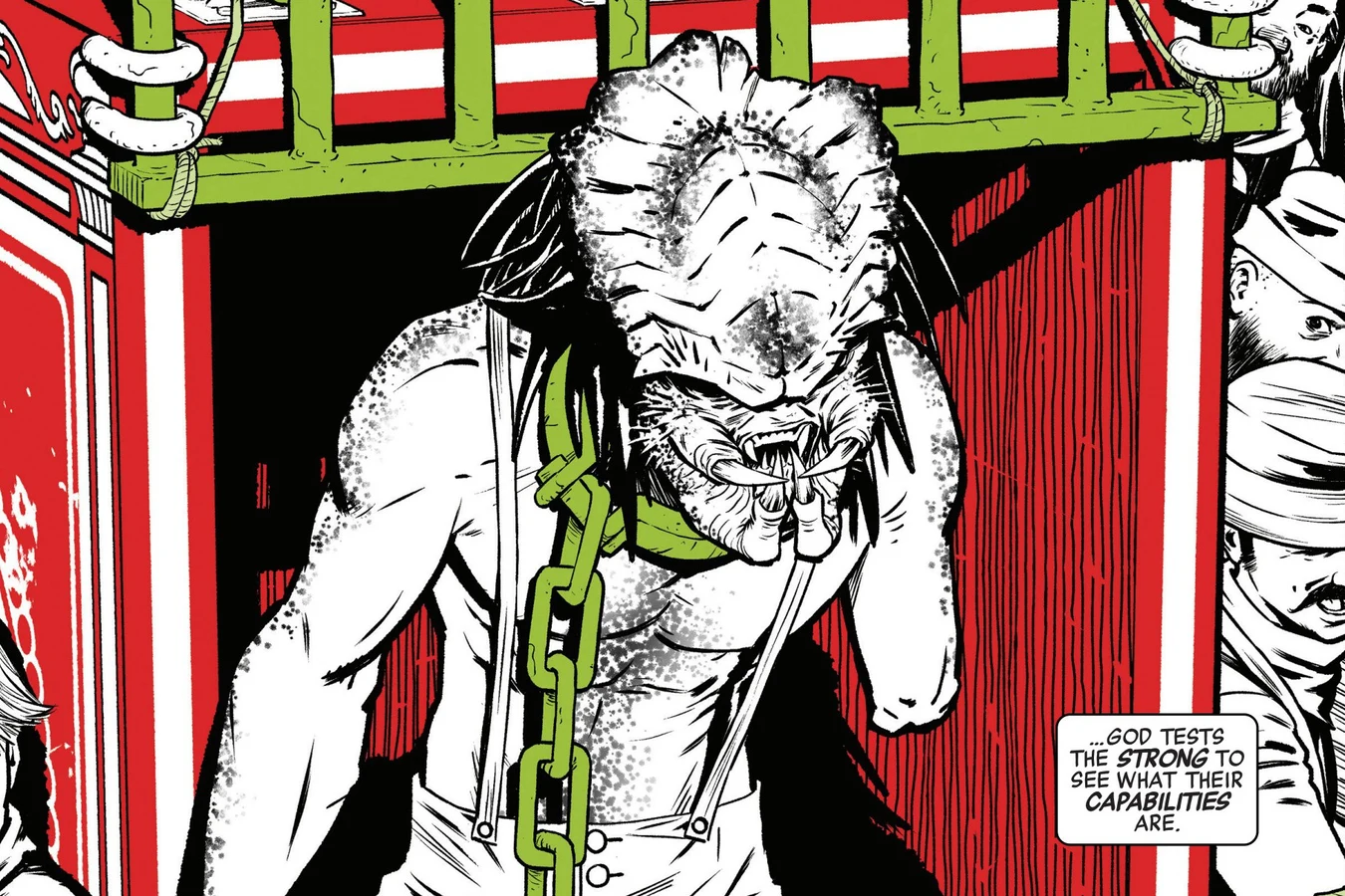 Lucky Boy chained by the neck inside his green cage at the Red House in Predator: Black, White & Blood #1