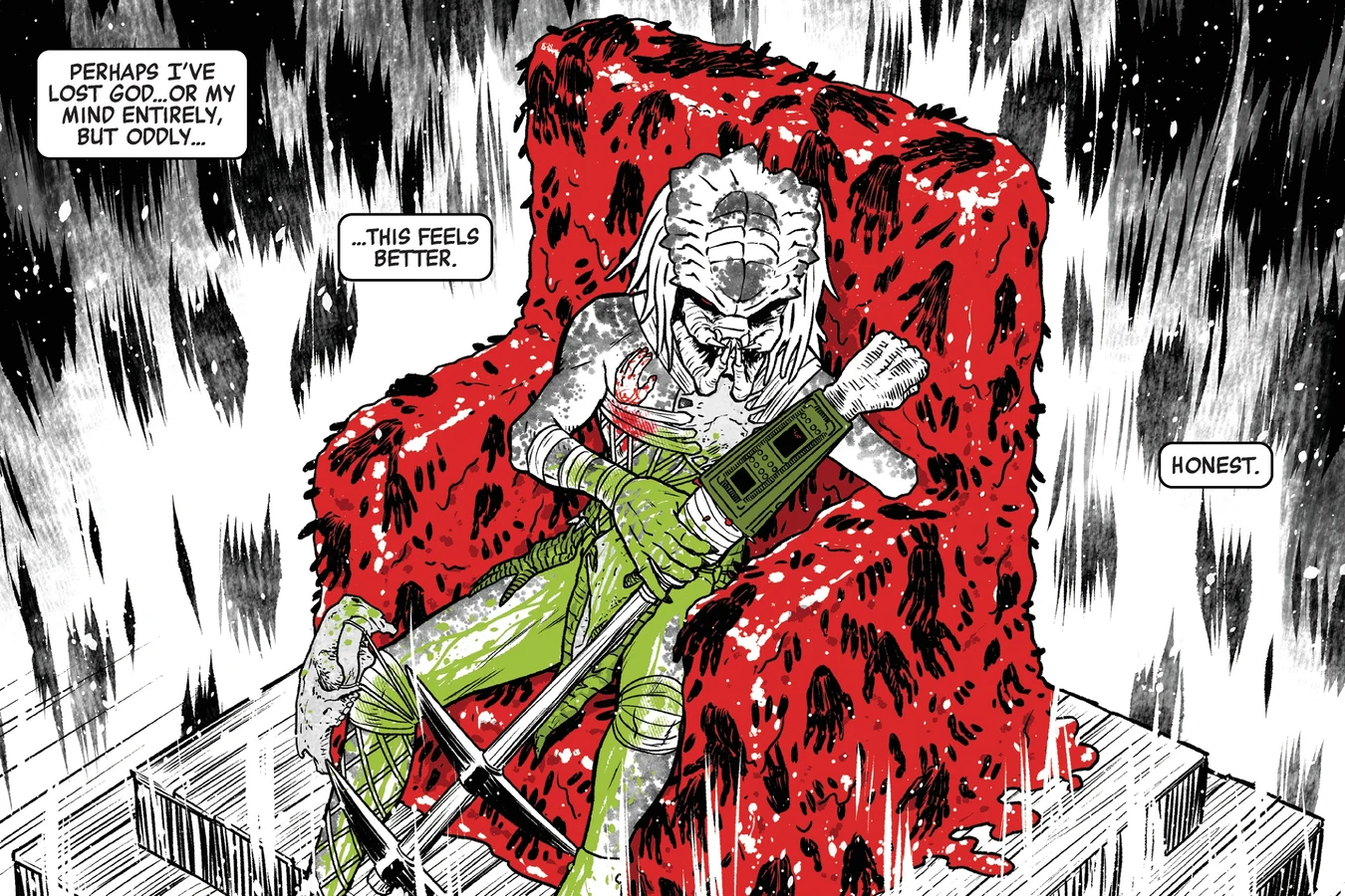 The dying Lucky Boy resting on Big Jim's red throne in Predator: Black, White & Blood #4