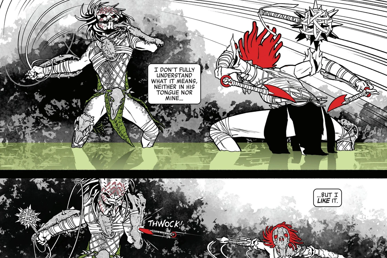 Lucky Boy with a spiked mace training Millie in the Bloodwood forest in Predator: Black, White & Blood #3