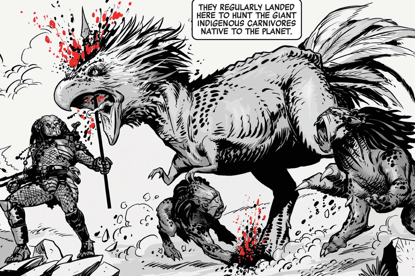 A Predator spearing a giant feathered carnivore through the beak while its hounds attack the beast in Predator: Black, White & Blood #4