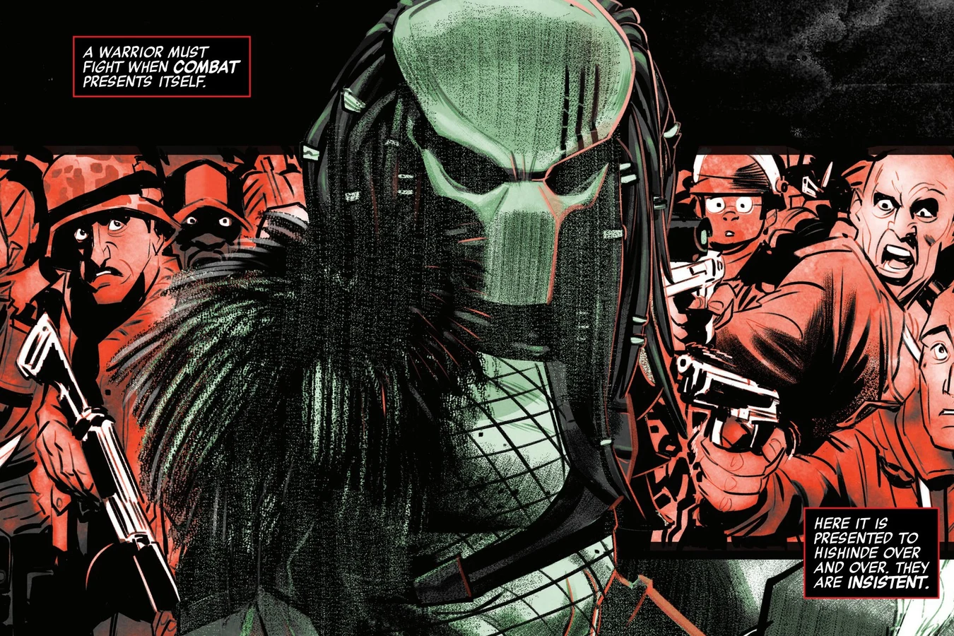 The Predator in a green-lit mask among armed delegates at the Bay-O-Net conference in Predator: Black, White & Blood #1