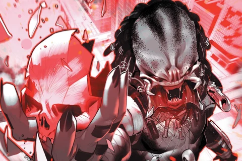 Simone Di Meo's cover for Predator: Black, White & Blood #1, a Predator reaching out of a red city with a skull in its claw
