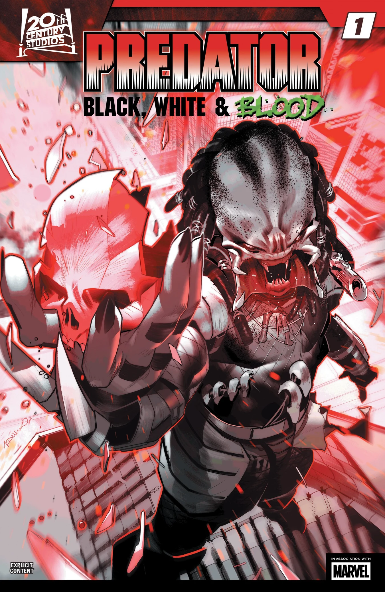 Simone Di Meo's cover for Predator: Black, White & Blood #1, a Predator reaching out of a red city with a skull in its claw