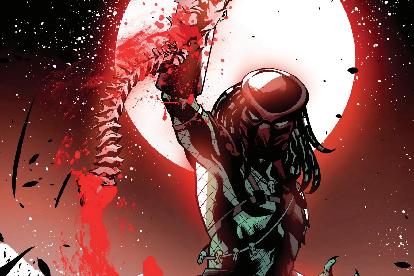 The Predator holding up a skull and spine trophy against a full red moon in Predator: Black, White & Blood #3