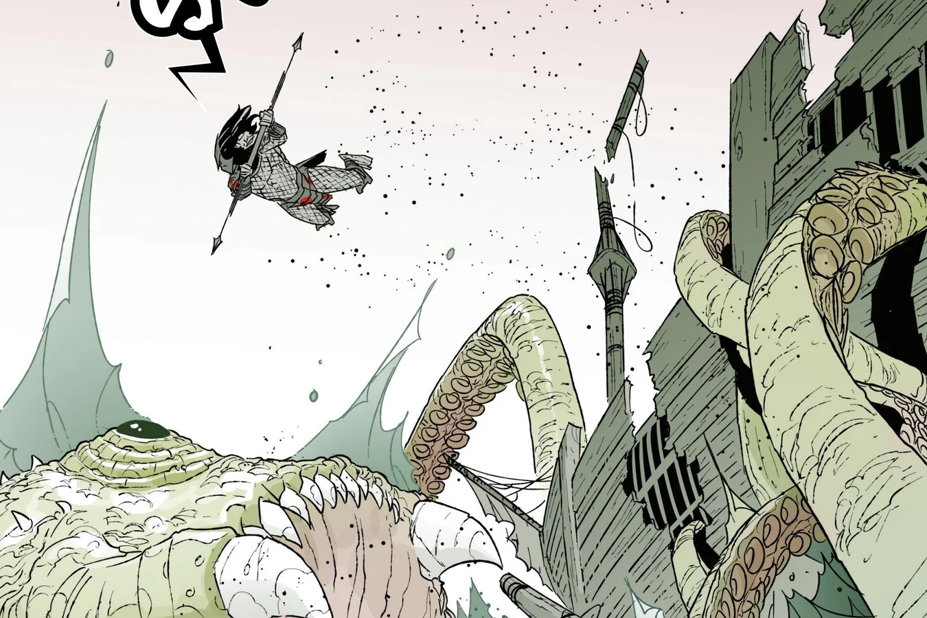 The Predator leaping with its spear at the gaping sea monster in Predator: Black, White & Blood #3