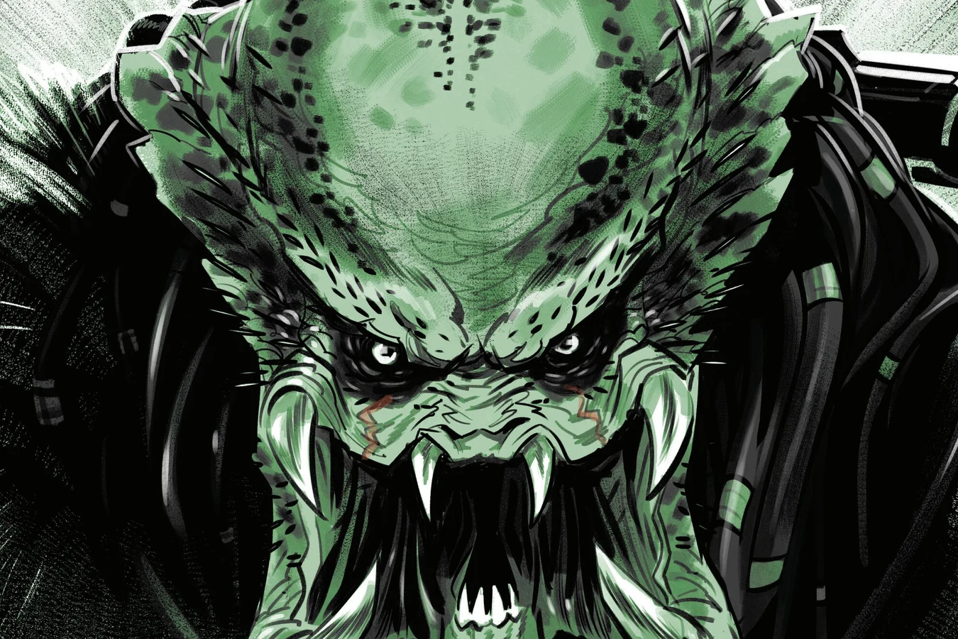 Close-up of the unmasked Predator roaring in green light at the weapons conference in Predator: Black, White & Blood #1