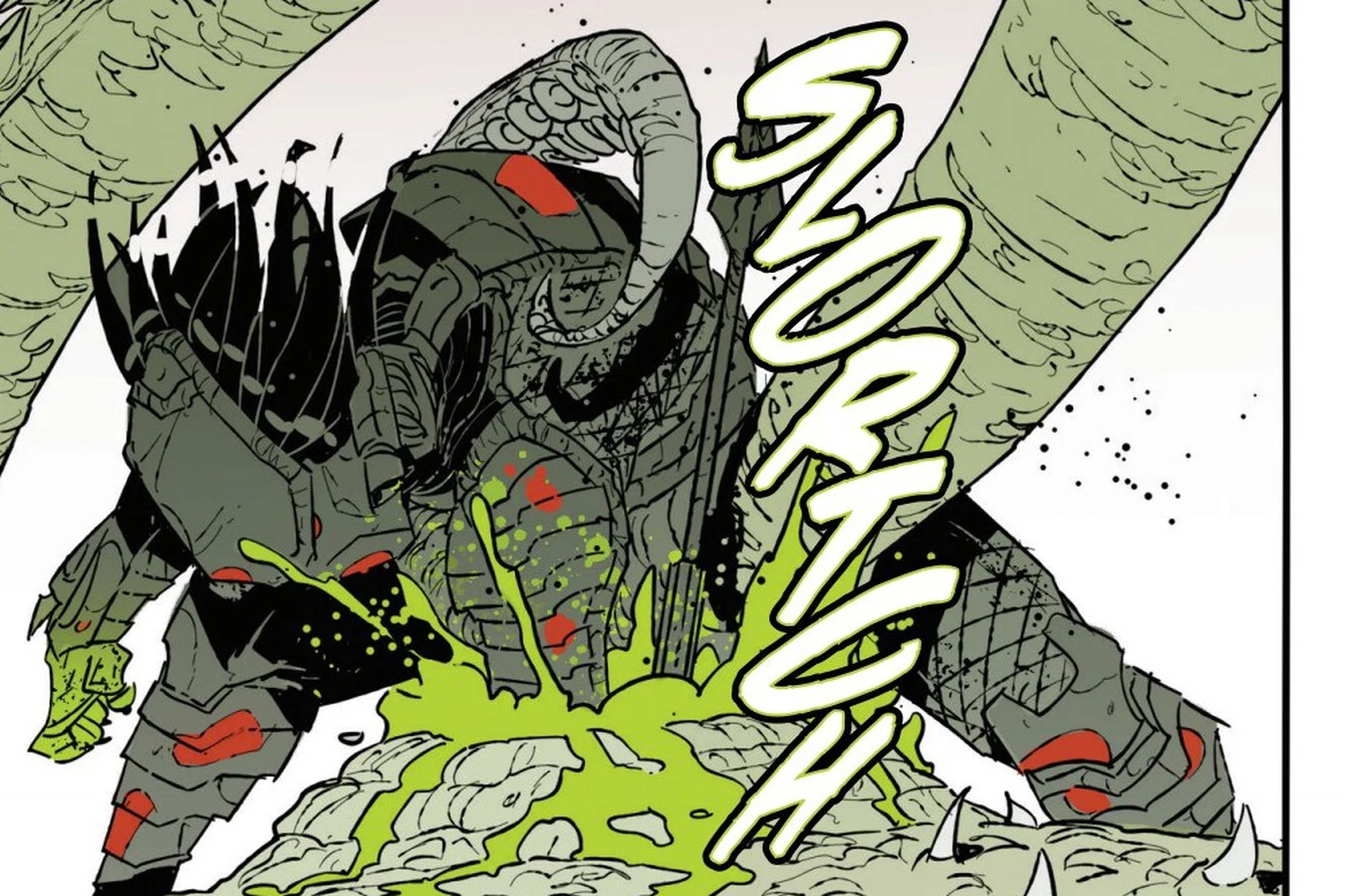 The Predator crouched on the sea monster as green blood sprays from the spear wound in Predator: Black, White & Blood #3