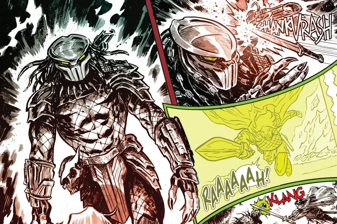 The Predator lunging out of the dark at the Caledonian camp as a figure glows in green in Predator: Black, White & Blood #1