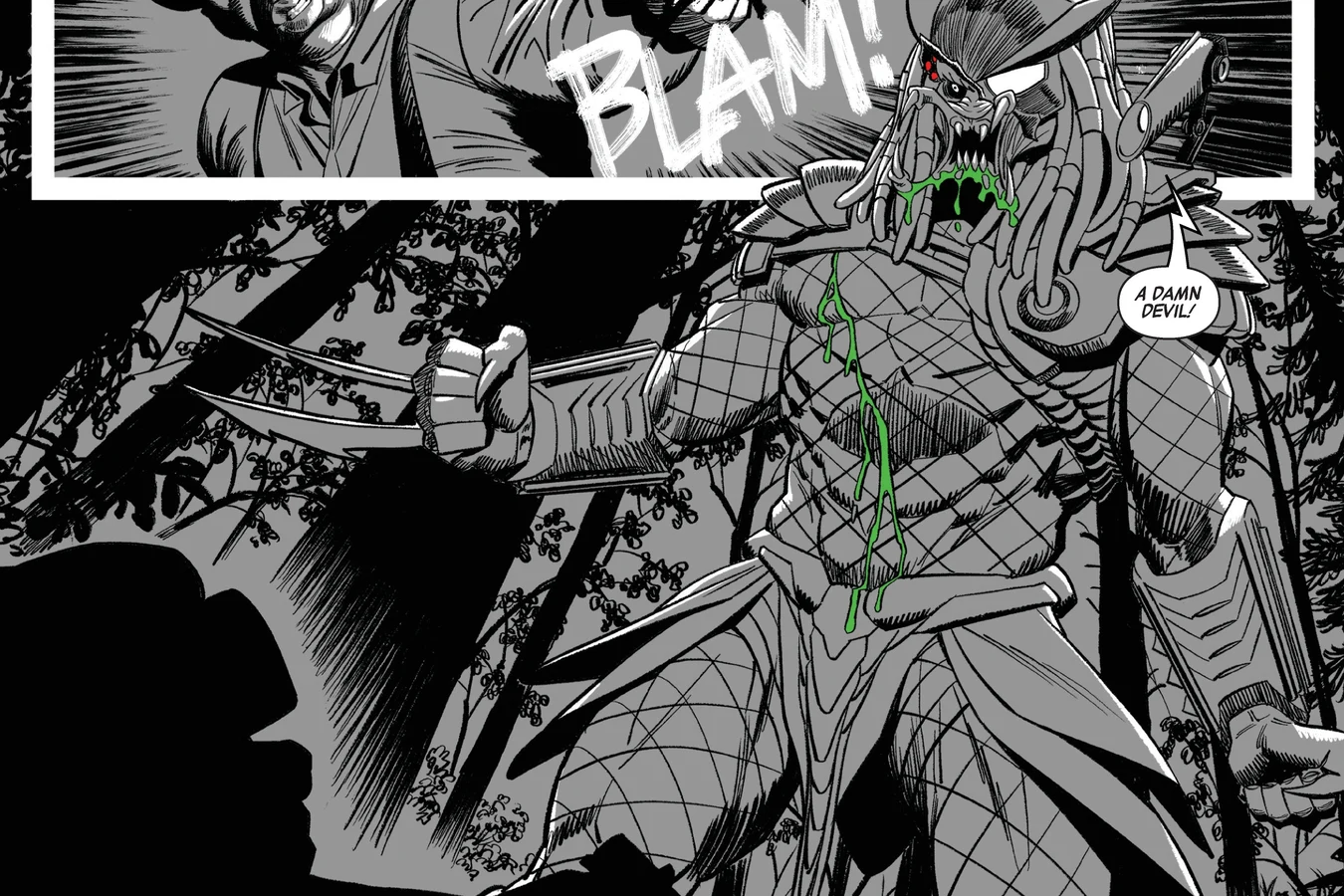 The Predator standing over the lawmen's crash as a shotgun blast hits it in Predator: Black, White & Blood #4