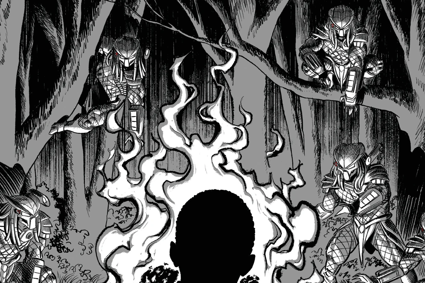 Predators watching from the trees as a silhouetted figure stands before a blaze in the woods in Predator: Black, White & Blood #4