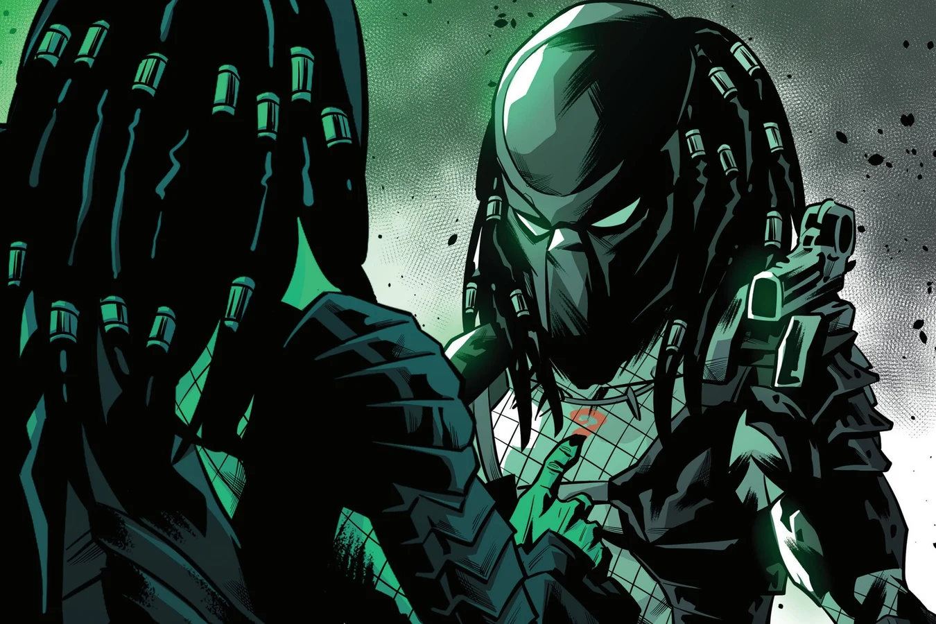 The rescuing Predator lit in green as it closes in on its captors in Predator: Black, White & Blood #3