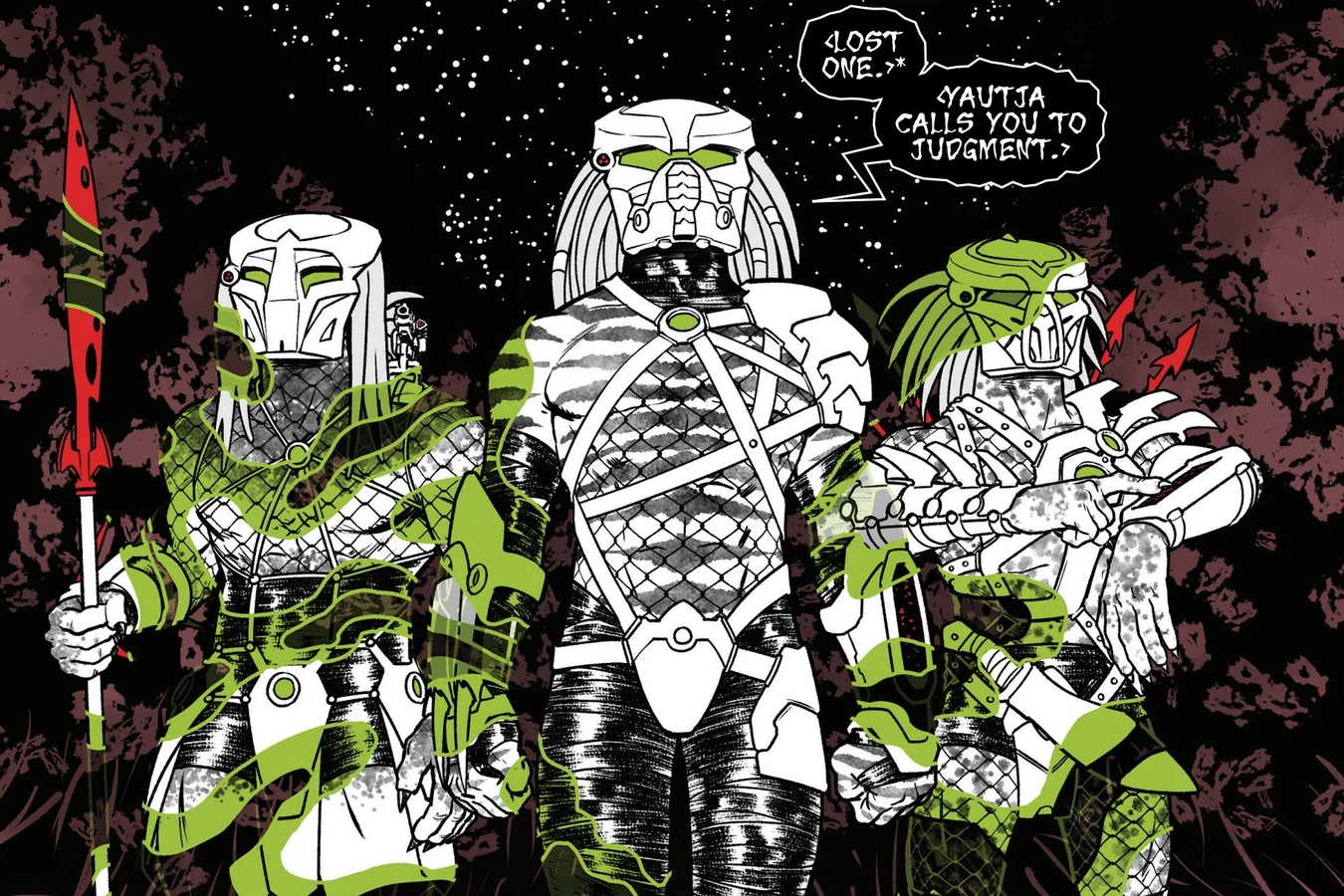 Three Yautja hunters standing in the night forest to call Lucky Boy to judgment in Predator: Black, White & Blood #3