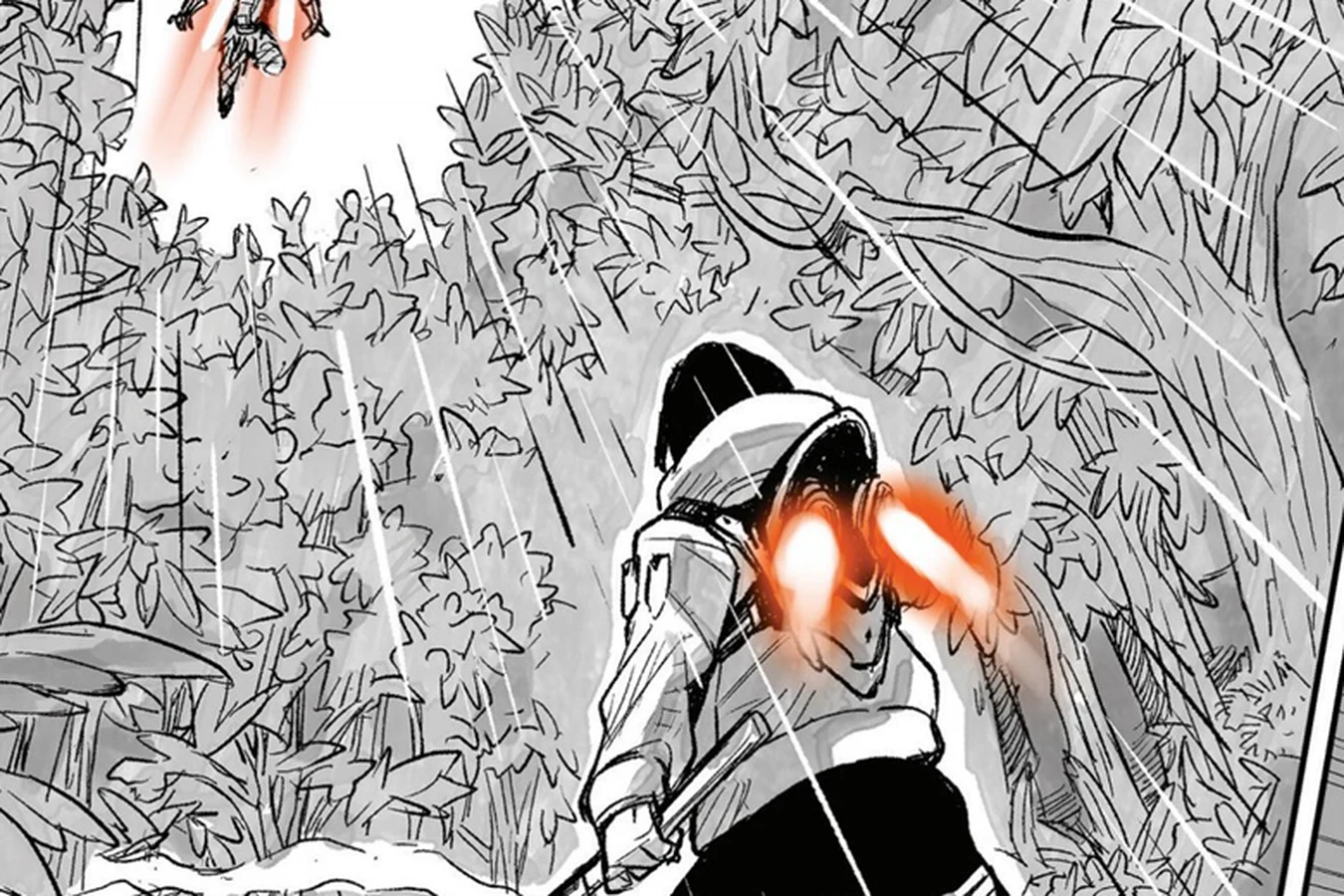 A young blood flying above the jungle canopy on a jetpack as Shoko Kawakami follows on her own red-thrustered pack in Predator: Black, White & Blood #2