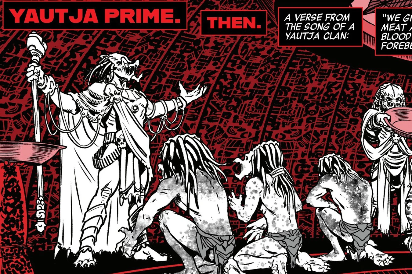 A Yautja elder addressing kneeling young bloods on Yautja Prime in Predator: Black, White & Blood #2