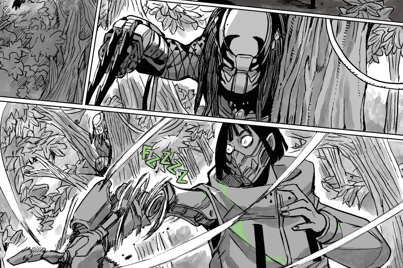 A young Yautja with extended wristblades lunging at Shoko Kawakami in the jungle arena in Predator: Black, White & Blood #2