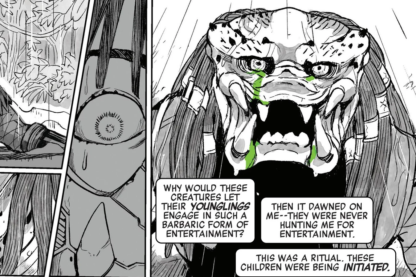 A young Yautja roaring as Shoko realizes the fight is a ritual in Predator: Black, White & Blood #2