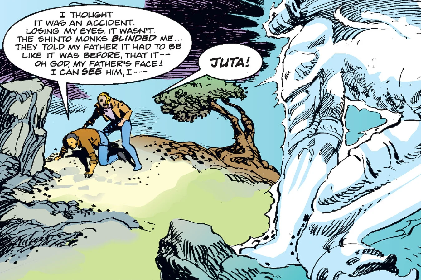 The cloaked Predator rising over Juta and Elaine among the ruins in Predator: Blood Feud