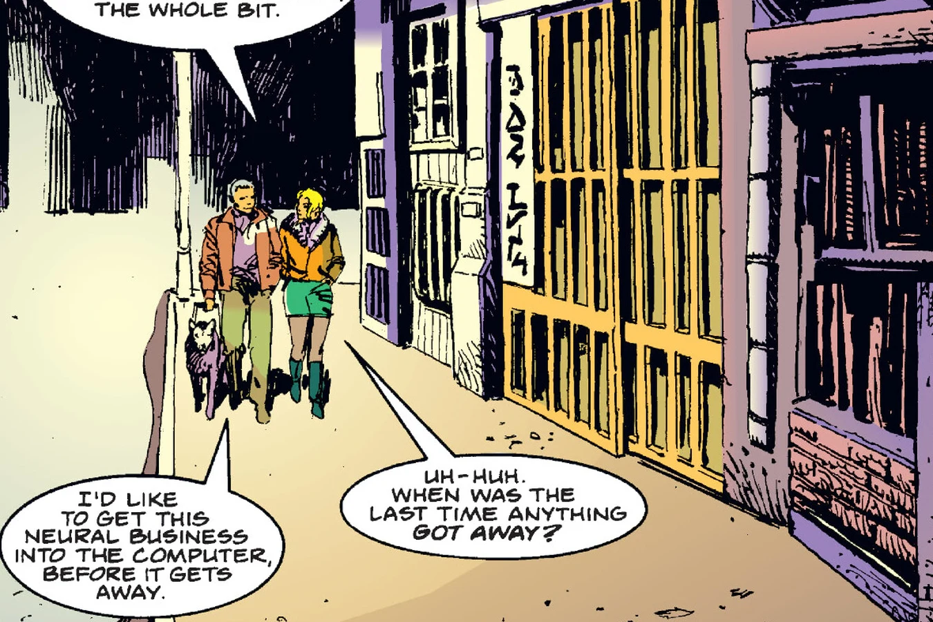 Juta and Elaine walking with Juta's dog down a narrow Tokyo street at night in Predator: Blood Feud