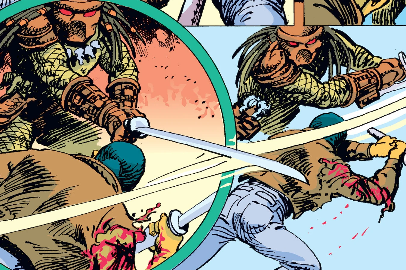 Juta and the Predator clash with blades in their final duel in Predator: Blood Feud