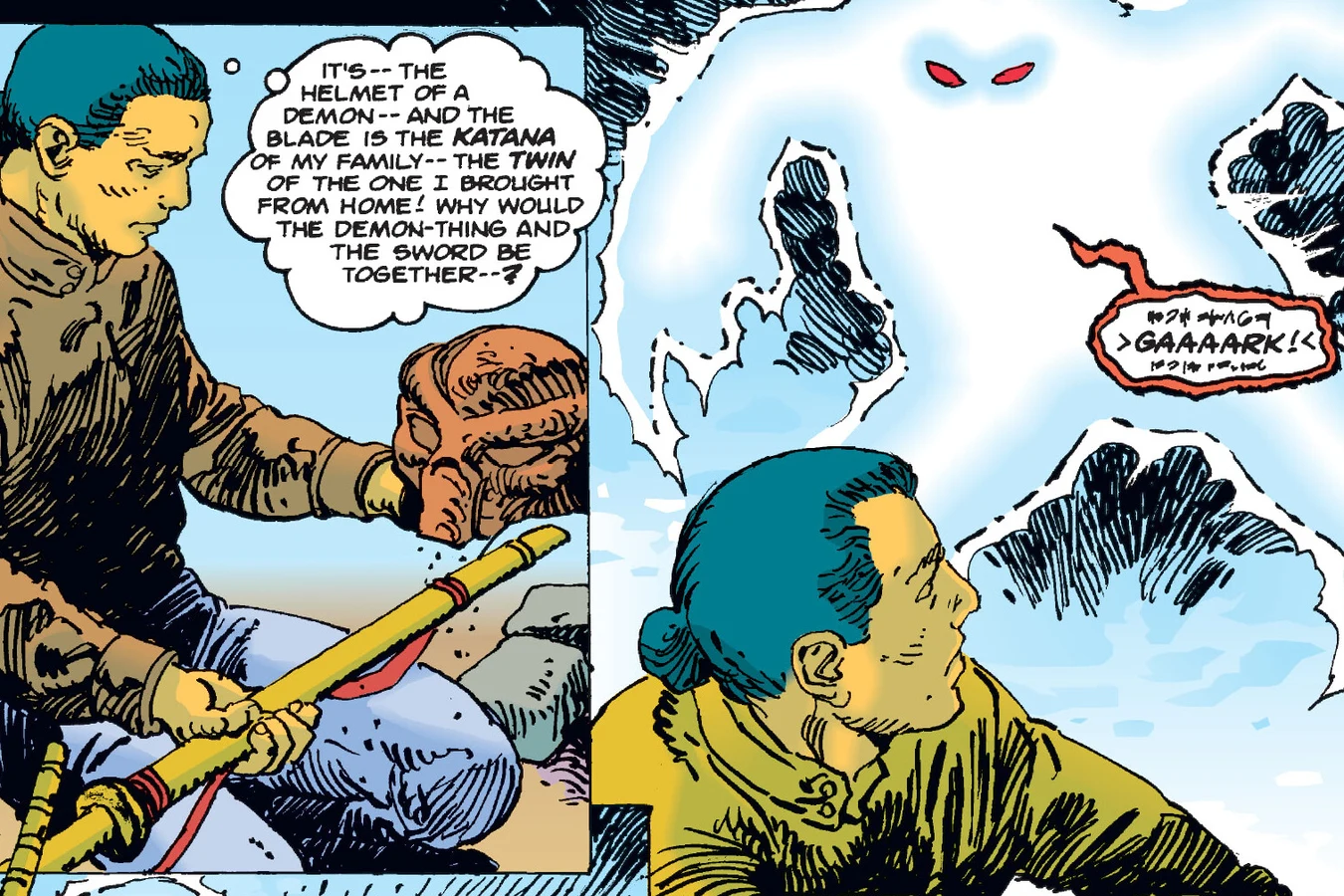 Juta holding the old Predator helmet and the katana as the cloaked hunter appears behind him in Predator: Blood Feud