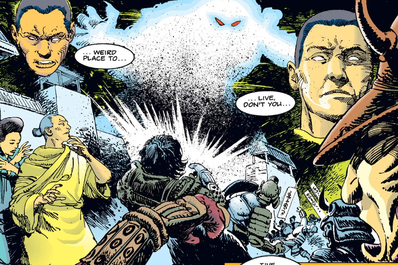 A cloaked Predator with glowing red eyes looms over samurai and townsfolk in Juta's vision in Predator: Blood Feud