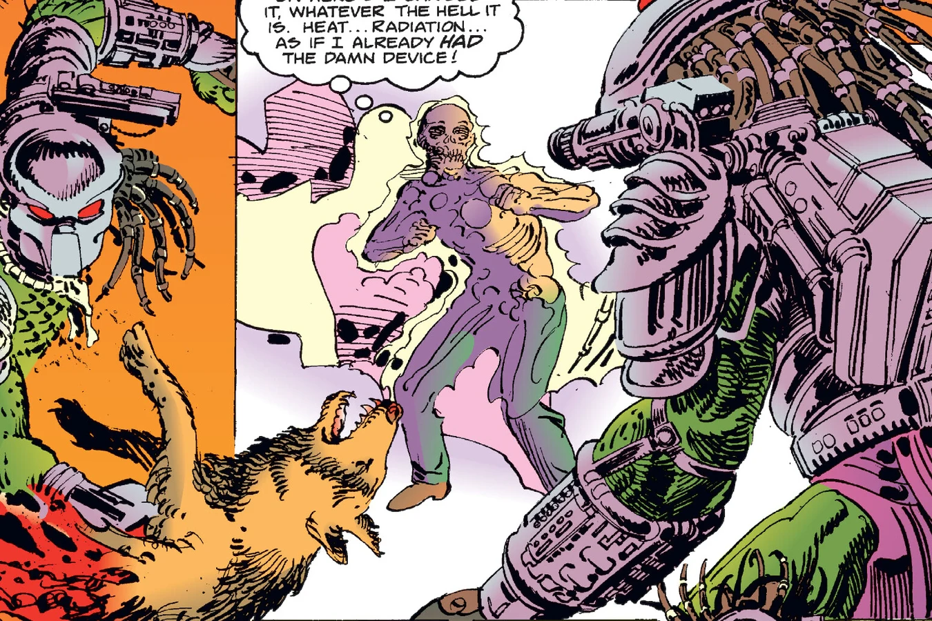 The Predator kills Juta's dog as Juta sees Elaine as a heat image in Predator: Blood Feud