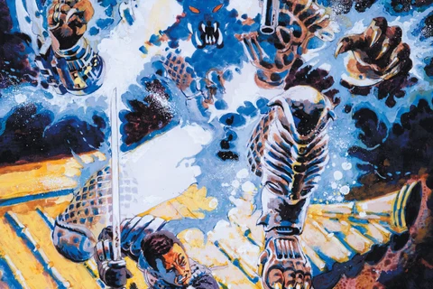 Leo Durañona's cover for Dark Horse Comics #4, with a samurai on a tiled rooftop facing a cloaked Predator