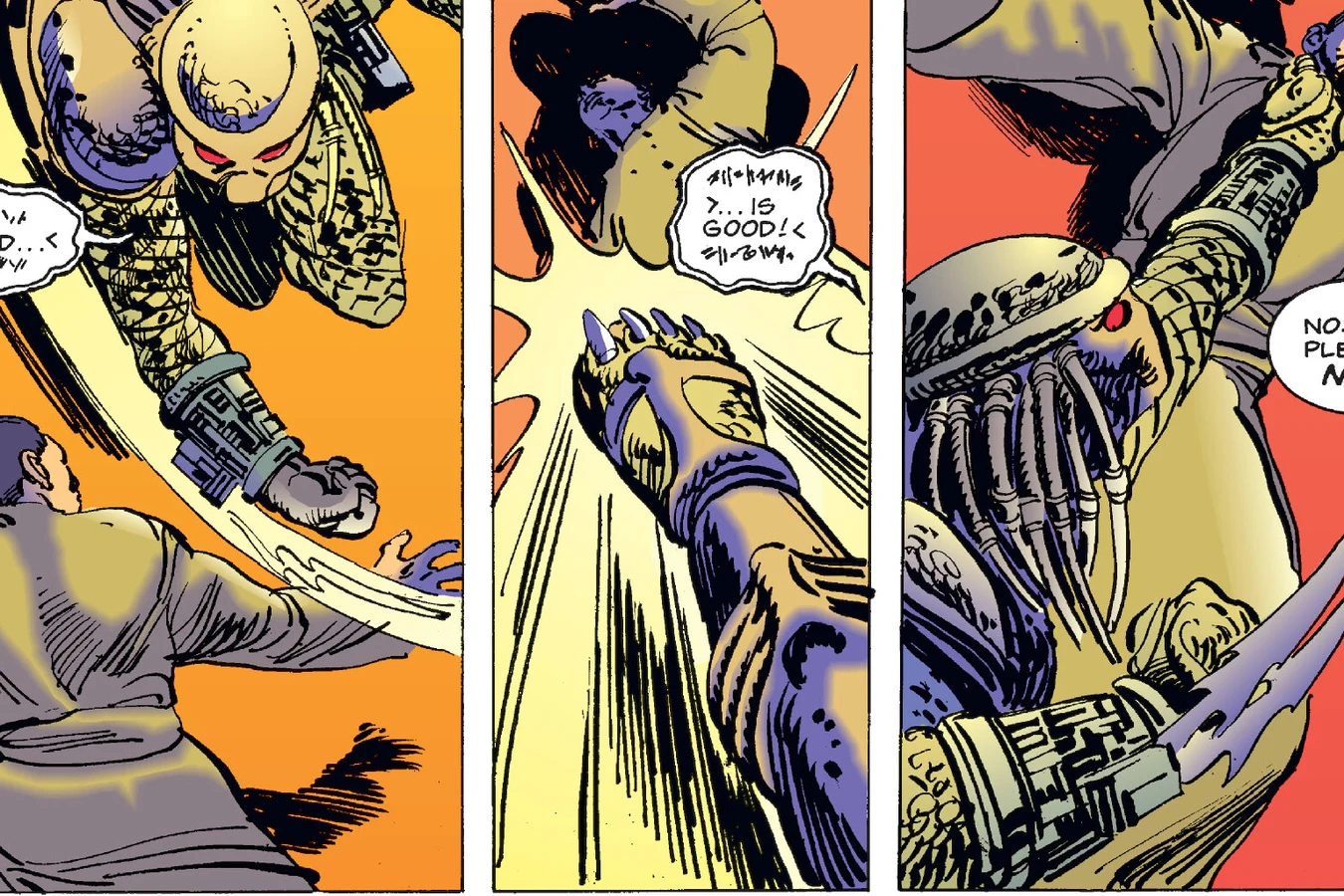 A Predator cuts down the young champion in the courtyard in Predator: Blood Feud