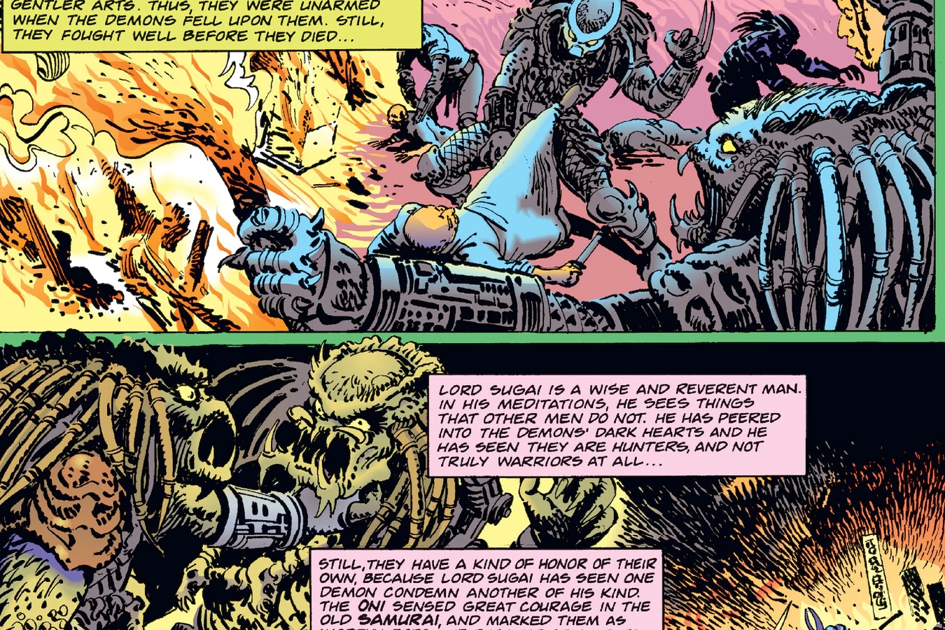 Predators cutting down old samurai and their warriors in feudal Japan in Predator: Blood Feud