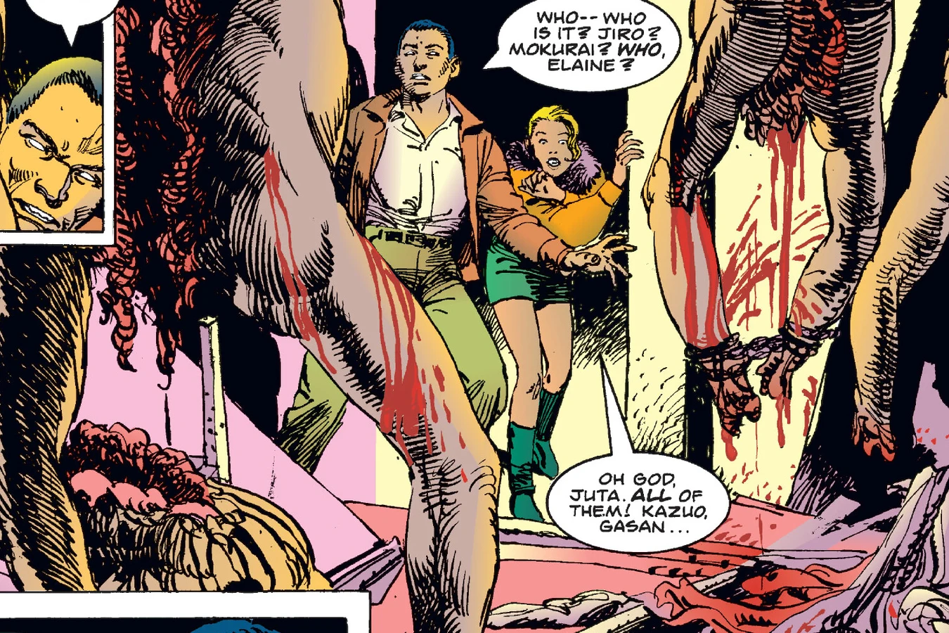 Juta and Elaine find the mutilated bodies of Juta's students hanging in the dojo in Predator: Blood Feud