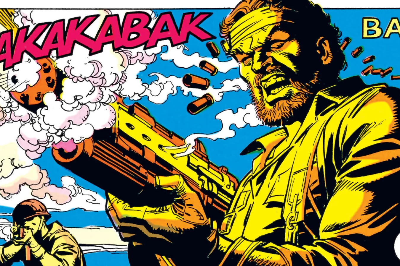 Joe Bob Cantrell firing his rifle during the raid on the Mendares camp in Predator: Bloody Sands of Time