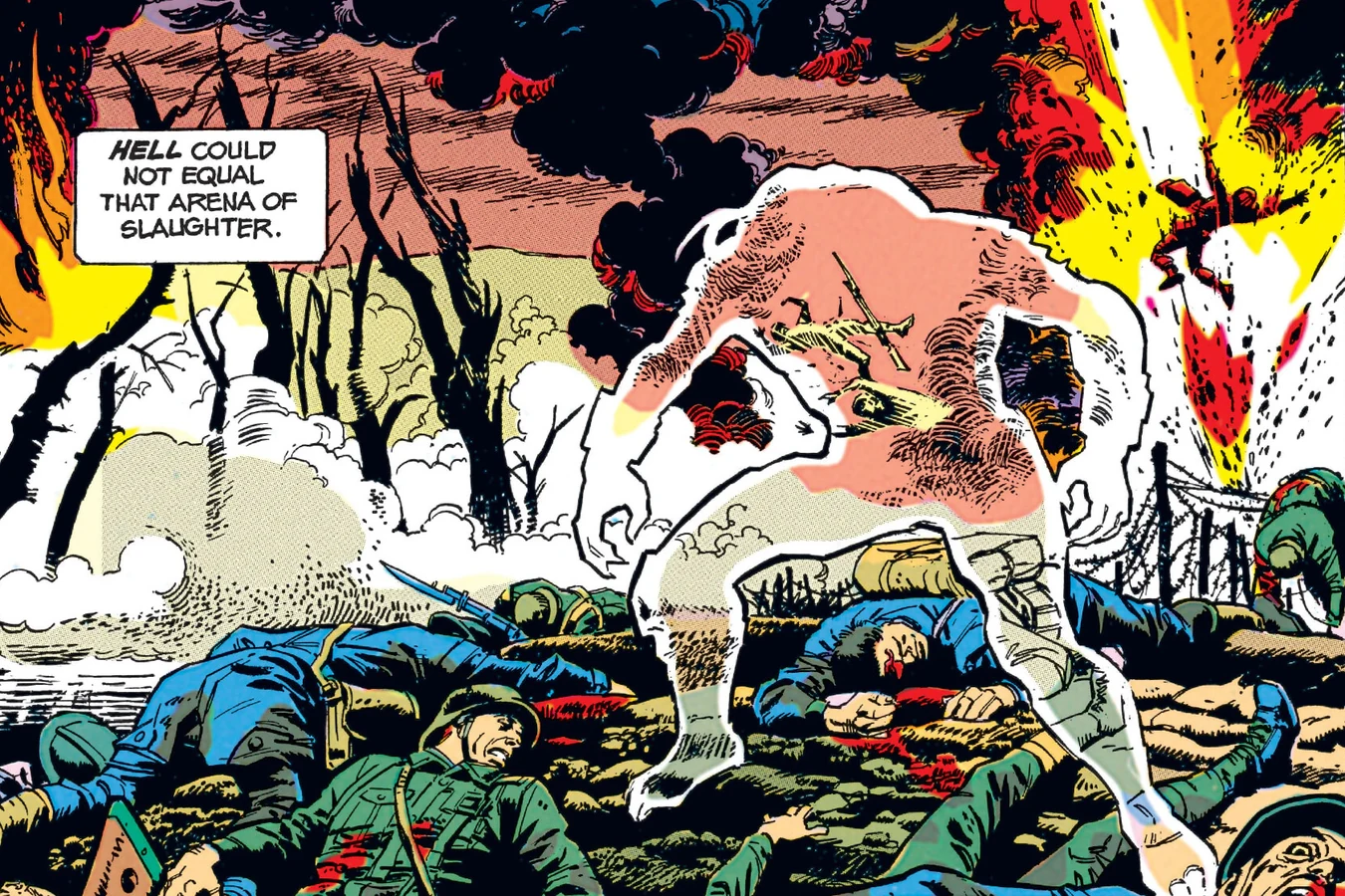 A half-cloaked Predator striding over the bodies of dead soldiers on a burning First World War battlefield in Predator: Bloody Sands of Time