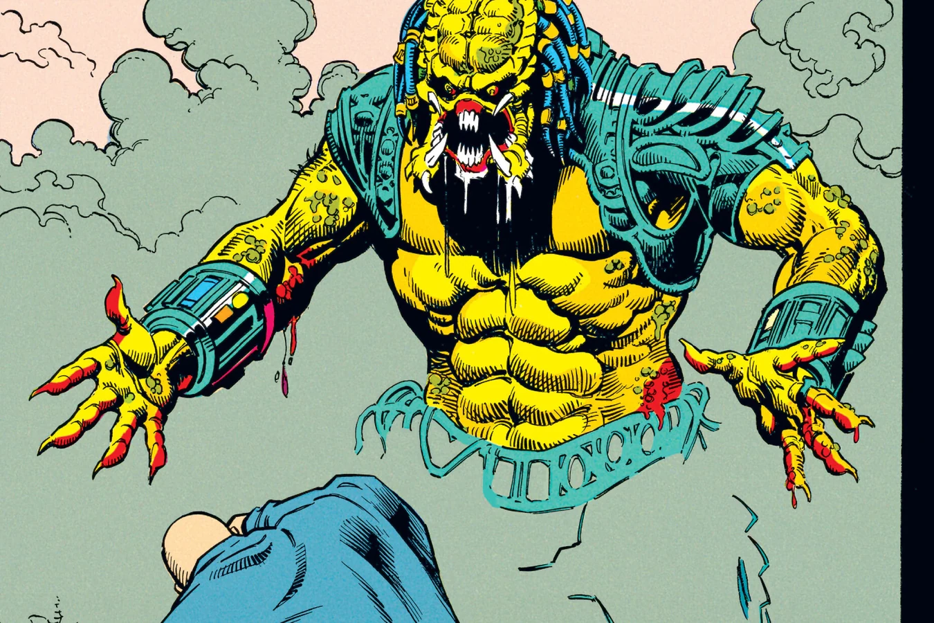 The Predator spreading its arms as General Fouchard walks toward it in Predator: Bloody Sands of Time