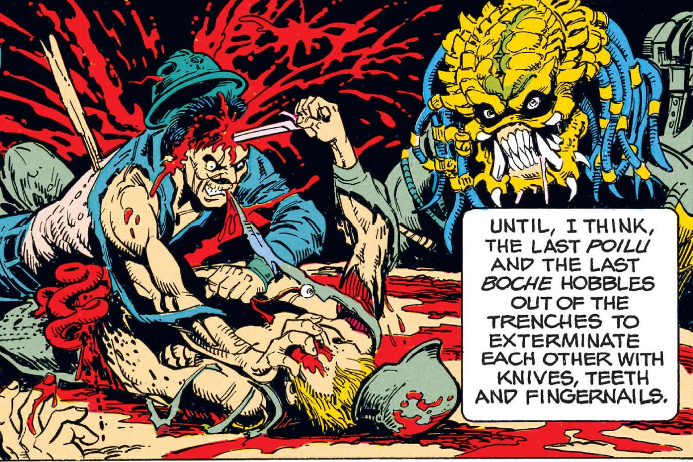 The Predator's unmasked face grinning over the carnage of the trenches in Predator: Bloody Sands of Time