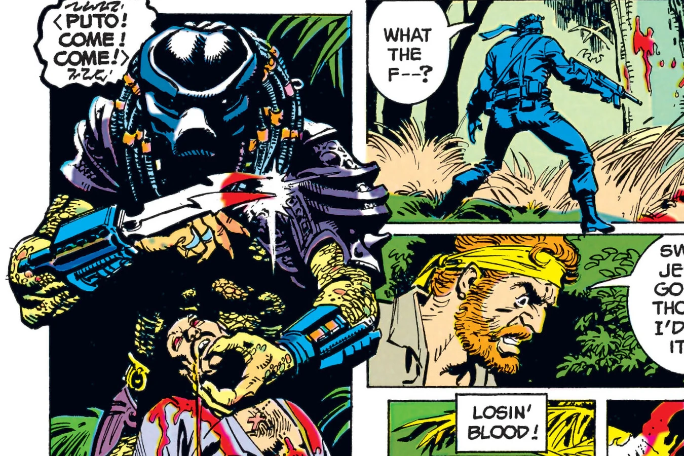 The Predator holding a bloody, skinned man in the jungle in Predator: Bloody Sands of Time