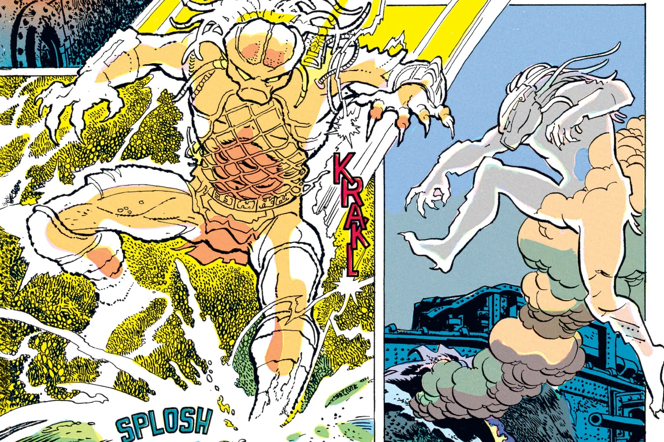 The cloaked Predator bursting out of the mud and water in Predator: Bloody Sands of Time