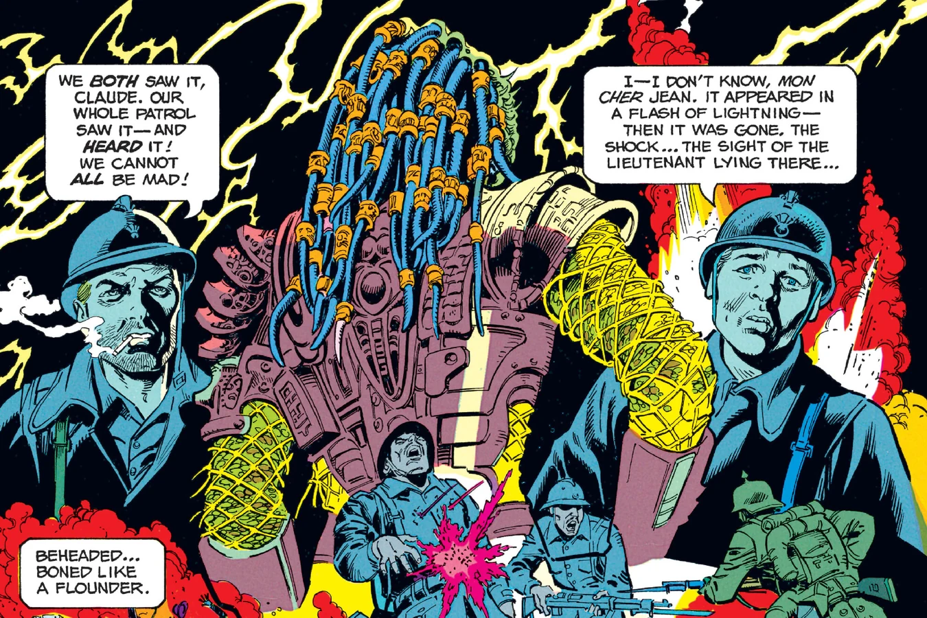 The Predator's dreadlocked head looming over French soldiers in a storm of shellfire in Predator: Bloody Sands of Time
